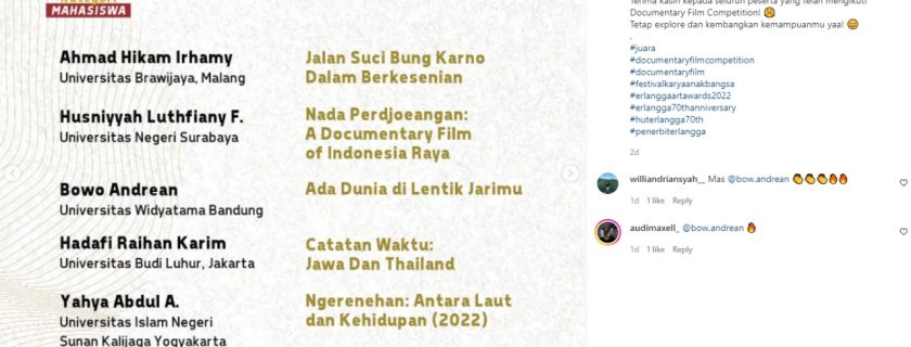 mahasiswa Prodi D4 Produksi Film & Televisi, yang berhasil meraih predikat Juara Favorit dalam Documentary Film Competition  Erlangga Art Awards 2022 yang diselenggarakan Penerbit Erlangga Jakarta.