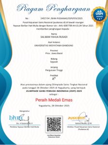 Mahasiswa Prodi FTV FISIP Universitas Widyatama Salman Yahua Rusadi baru baru ini berhasil meraih prestasi dengan memperoleh penghargaan Medali Emas  dalam ajang Olimpiade Sains Pemuda Indonesia (OSPI) 202